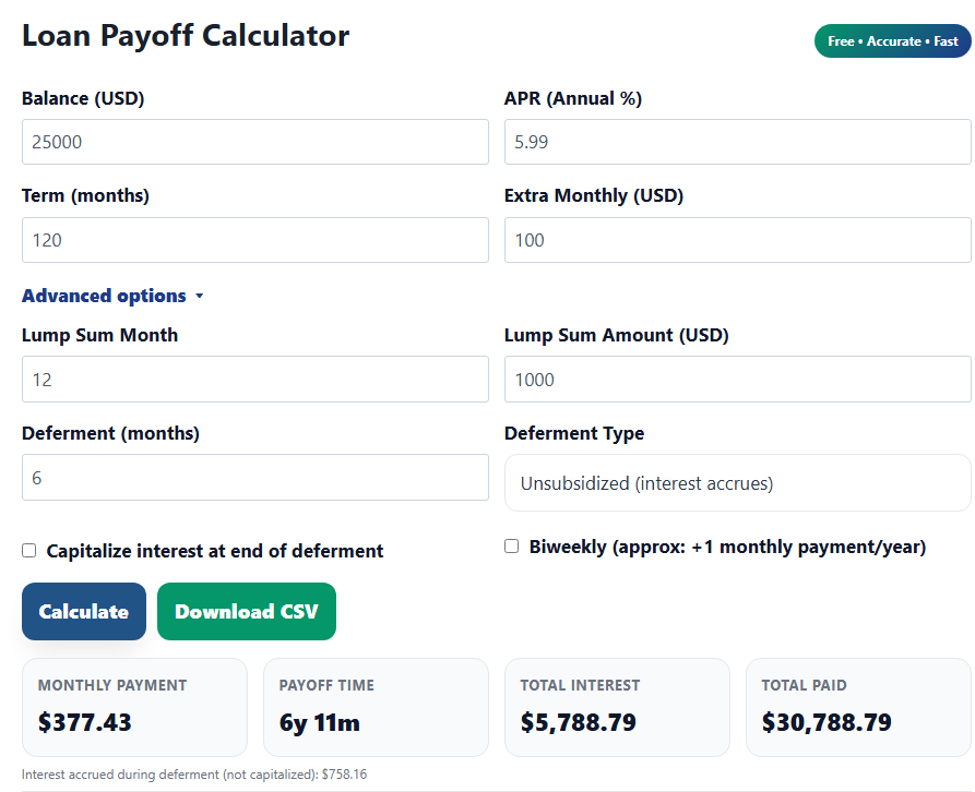 Aidvantage student loan payoff calculator example showing balance, APR, monthly payment, payoff time, and total interest.