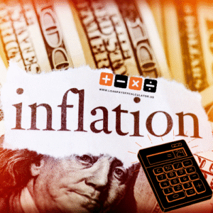 Inflation Calculator tool interface showing U.S. dollar value comparison and CPI-based inflation results from 1913 to 2026.
