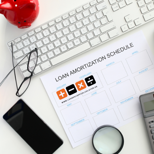 Loan Amortization Calculator interface showing fields for loan amount, interest rate, and term with an instant payoff schedule and detailed monthly breakdown of principal and interest.